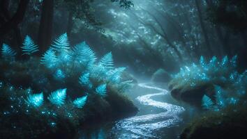 Glowing Ferns Along a Winding Stream in a Mystical Forest photo