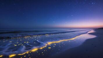 Glowing Wave on Beach at Night Under Starry Sky photo
