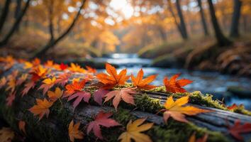 Autumn Leaves on Log in Forest Stream photo