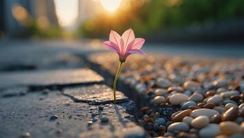 Pink Flower Growing in Pavement Crack at Sunset photo