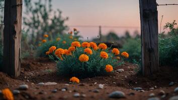 Marigold Flower in Garden with Soil, Post and Stone photo