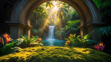 Tropical Waterfall Through Stone Archway in Lush Garden photo