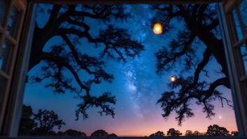 Night Sky View From Window with Tree and Light photo