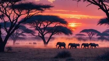 Elephant Herd at Sunset in Savannah Landscape photo