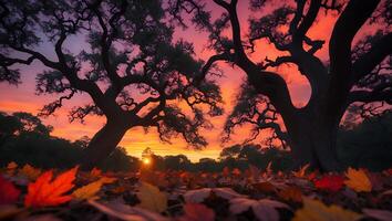 Autumn Trees and Leaves at Sunset Scenery photo