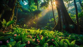 Lush Tropical Jungle with Sunlight and Pink Flowers photo