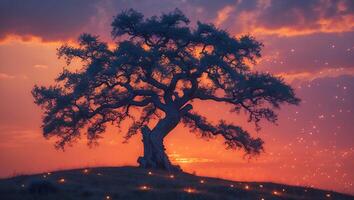 Lone Tree Silhouette at Sunset with Star Lights Landscape photo