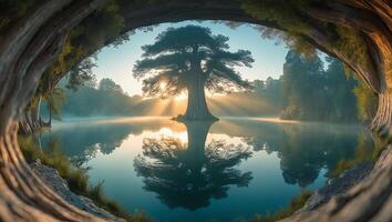 Tree Reflecting in Lake Sunrise photo