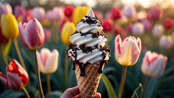 Ice Cream Cone with Chocolate in Tulip Field photo