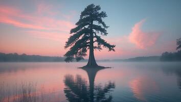 Lone Tree in Lake at Sunrise photo