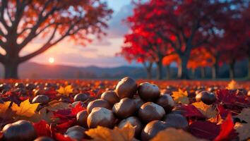 Autumn Chestnuts on Fallen Leaves in Colorful Forest photo
