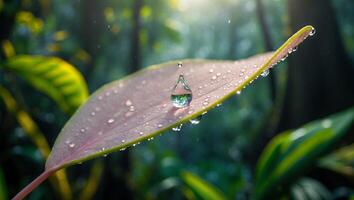 Water Drop on Leaf with Forest Reflection photo