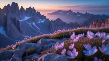 Mountain Landscape with Flower Field at Dusk photo