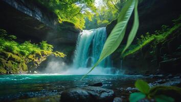 Waterfall in Forest Scene with Rock Cliff and Lush Greenery photo