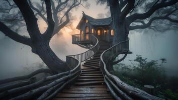 Treehouse with Wooden Staircase in Foggy Forest Landscape photo
