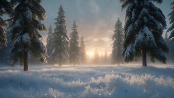 Snowy Forest Scene with Sunlight photo