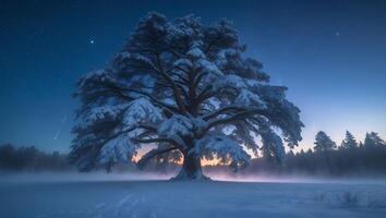 Snow Covered Tree Under Starry Night Sky Landscape photo