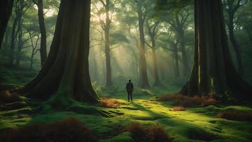 Person Walks in Lush Green Mossy Forest with Sunlight photo
