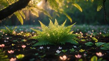 Fern and Flower in Forest Sunlight photo