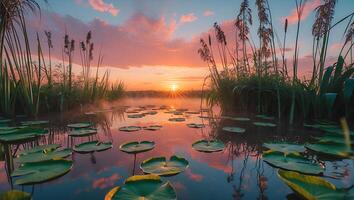 Water Lily Pond at Dawn Reflecting Pink Clouds photo