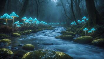 Glowing Mushroom Along River in Forest photo