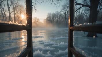 Frozen Lake Seen Through Window on a Cold Morning photo