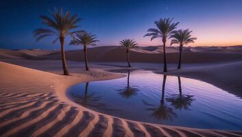 Desert Oasis with Palm Trees and Water Reflection Under Night Sky photo