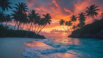 Tropical Beach with Palm Trees at Sunset Near Ocean photo