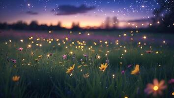 Flower Meadow at Night with Fireflies and Stars photo