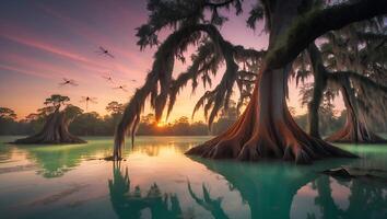 Bayou Tree at Sunset with Dragonflies Flying photo