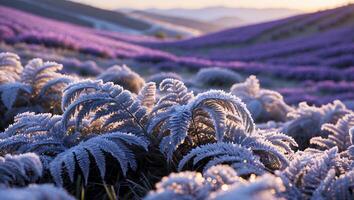 Fern in Winter Field with Flowers and Hills photo