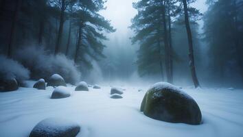 Snowy Forest with Rocks and Fog Landscape photo