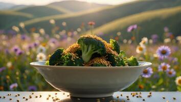 Broccoli with Sesame Seeds in Bowl on Sunny Field photo