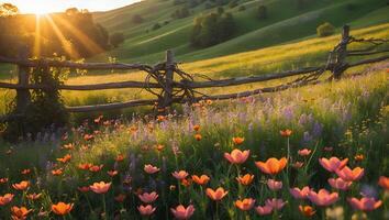 Field of Flowers at Sunset with Wooden Fence and Rolling Hills photo