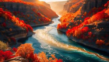 River Flowing Through Autumn Canyon with Colorful Foliage at Sunrise photo