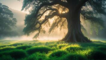 Majestic Tree with Sunlight Streaming Through Branches in Misty Meadow photo