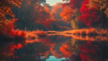 Reflecting Autumn Trees on Calm Lake Surface in Tranquil Nature photo