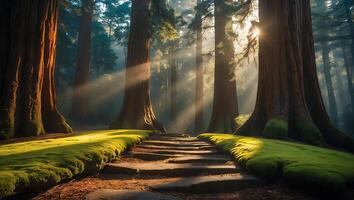 Sunlit Path Through Forest of Giant Trees photo