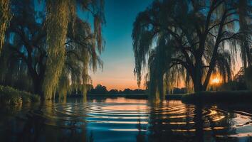 A river with water ripples and trees at sunset photo