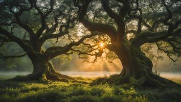 Ancient Trees in Foggy Field at Sunrise photo