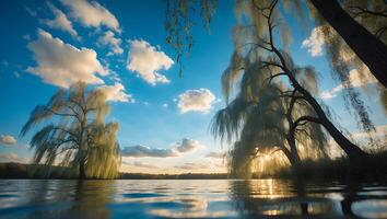 Willow Tree Reflecting in Water on a Sunny Day photo