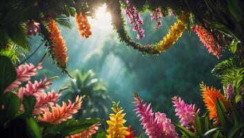 Tropical Flower in Vibrant Jungle Landscape with Bright Sunlight photo