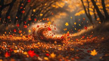 Autumn Leaves Whirlwind on Forest Path photo