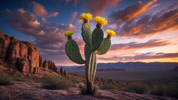 Cactus with Yellow Flower in Desert Landscape at Sunset photo