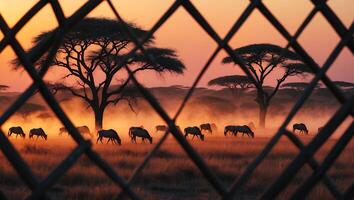 Wildebeest Grazing in African Savanna with Warm Sunlight photo