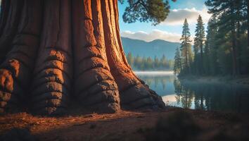 Giant Tree on Lake with Mountain View photo