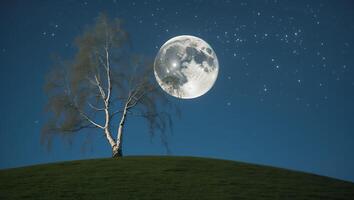 Tree and Moon on Hill at Night photo