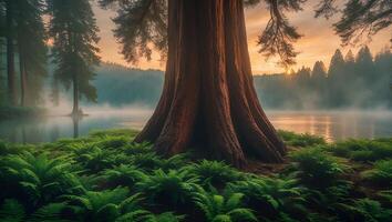 Giant Tree Near Lake at Sunrise photo