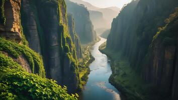 River Through Cliffs with Greenery and Mountains in the Distance photo