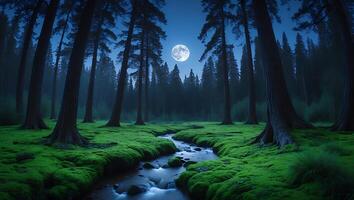 Forest Stream Under Moonlight in Peaceful Landscape photo